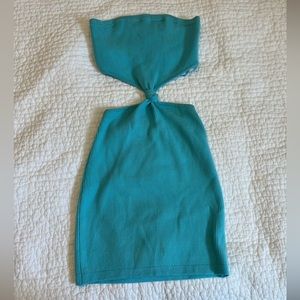 Knot front cutout blue/teal mini dress strapless